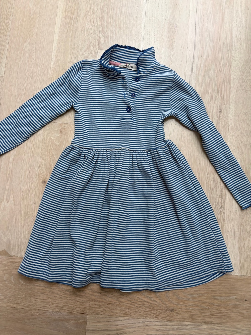 Mini Boden Blue & White Striped Long-Sleeve Cotton Dress